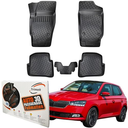Trimak Passgenau 3D Fussmatten Auto Kompatibel mit Skoda Fabia 3 Gen 2014-2021 Auto Zubehör 1. und 2. Reihe Gummimatten Autos TPE Allwetter Geruchlos rutschfest Vorne und Hinten Schwartz