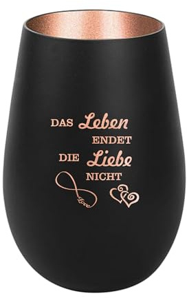 Der-Porzellan-Laden Windlicht mit Gravur Das Leben endet die Liebe Nicht, Schwarz Bronze, Teelichthalter aus Glas mit Spruch, Tischdeko modern