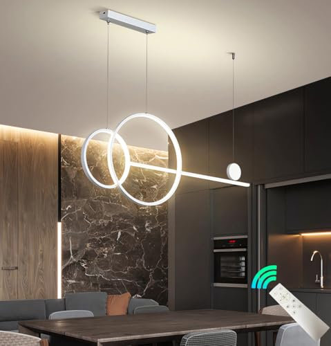 JHYPVII Esszimmerlampe Pendellampe LED Dimmbar Hängelampe mit Fernbedienung Modern Ring Lange Strip Metall Kronleuchter Höhenverstellbar Esstischlampe 54W Für Wohnzimmer Schlafzimmer L100cm,Weiß