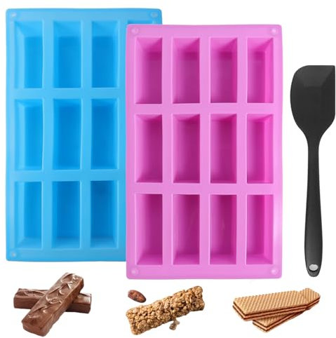 VINEST 2 Stück Müsliriegel Backform mit Teigspachtel, Riegelform Silikon Backform Antihaft von 12 Riegel, Backform Silikon Rechteckig Hitzebeständige für Muffins Kuchen Seifen Schokolade Brownie