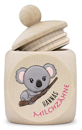 kultdog Zahndose Milchzähne Mädchen modern Dose Holz personalisiert Druck Name Comic Koala
