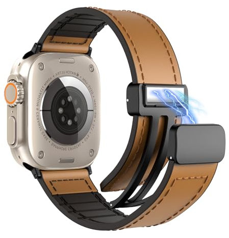 TiMOVO No Gap Leather Hybrid Silicone Band Compatible with Apple watch Ultra/Ultra2 49mm/Series10/9/8/7/6/5/4/3/2/1/SE 42/44/45/46mm, Quick Release Straps StrapsMagnetic Buckle for Women Men, Brown