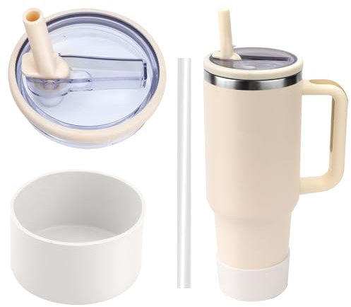 40oz Tumbler Accessories Set, Includes Spill Proof Water Bottle Lid Replacement and Silicone Protective Boot Compatible With Stanley 40oz Tumbler, With Straw (White)