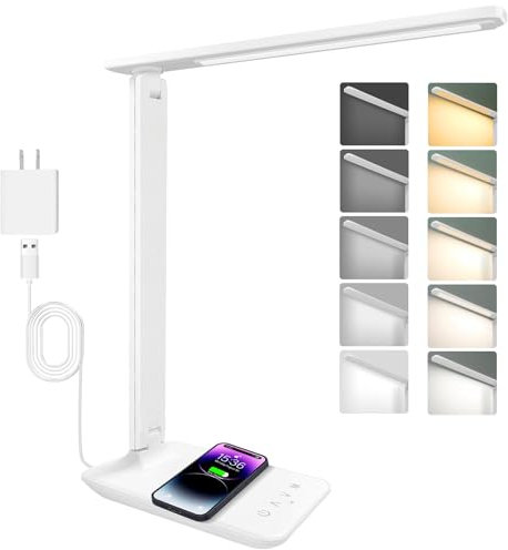 Jumoking Schreibtischlampe LED Dimmbar Augenschutz,Desk Lamp mit 5 Farben und 5 Helligkeitsstufen,Tischlampemit USB Ladeanschluss Touch Steuerung für Kinder, Schlafzimmer, Lektüre, Büros (White Pro)