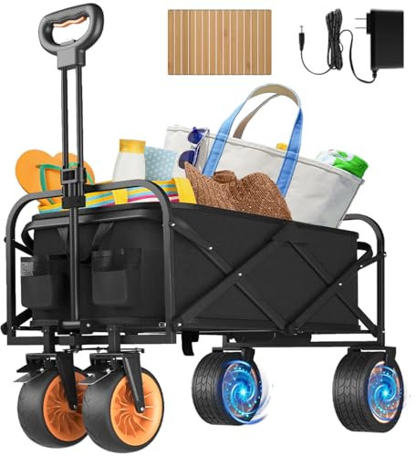 OUENGK Carrello Elettrico da Campeggio, Carro Pieghevole Elettrico Pieghevole, Carrello da Giardino Pieghevole, Manico Regolabile, 150L/60KG, per Campeggio, Giardino, Spiaggia, Shopping, Picnic, Nero