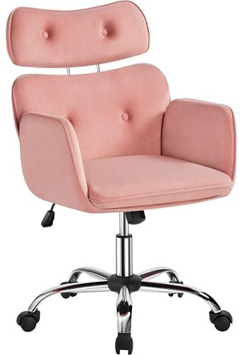 Yaheetech Homeoffice Stuhl, Schminktisch Stuhl mit Höhenverstellbaren Kopfstütze, Drehstuhl Schreibtischstuhl mit Armlehnen Samtsitz, Bürostuhl, Mobiler Polsterstuhl, bis 136 kg belastbar Rosa