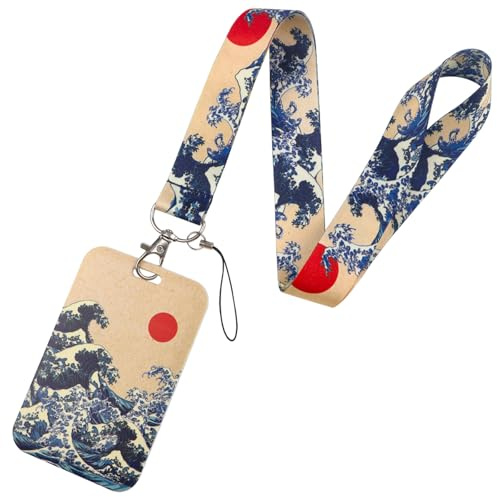 BKBKAAK Japanisches Schlüsselband für Ausweishalter, The Great Wave Off Kanagawa Schlüsselanhänger mit Umhängeband, Kunst-Ölgemälde-Muster, Schlüsselbänder für Kunststudenten, Kunstlehrer, Frauen