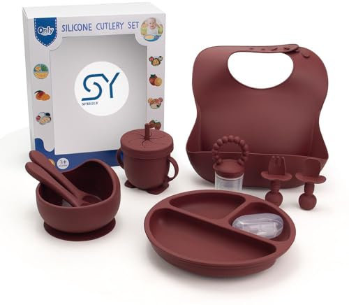 SPRIGLY 11-Piece Silicone Baby Weaning & Feeding Set – BPA-Free Suction Plate, Bowl, Bib, Sippy Cup, Fork, Spoon, Fruit Feeder & Snack Cup – Self-Feeding Set for Toddlers – Russet Brown
