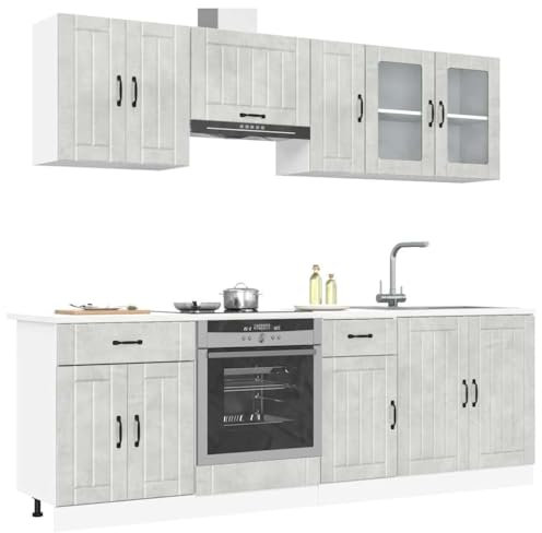 IKAYAA Mueble de Cocina 8 pzas, Kalmar, Muebles De Cocina por Modulos, Cocinas Completas, Armario Inferior de Fregadero, Armario Colgante Cocina, Armario para el Horno Gris hormigón