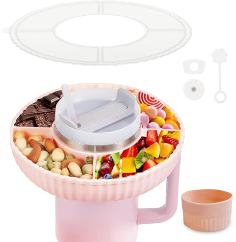 Leerweii Snack Tray with Lid for Stanley Cup 40oz, 4 Compartments Silicon Snack Bowl with Stanley Accessories Spill Stopper Set, Straw Cover Caps and Bottom Boot, for Car Cup Holder (Pink)