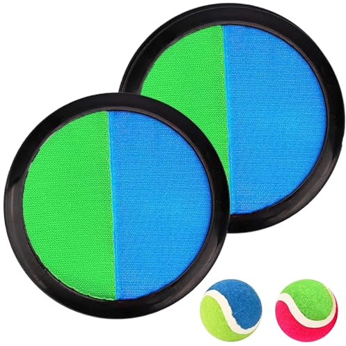 Jeu de balle velcro avec 2 disques de capture bleus, 2 balles Velcro, jeu de balle pour l'extérieur, enfants à partir de 3, 4, 5, 6 ans – Jeu de lancer et d'attraper les jeux de plage pour enfants,
