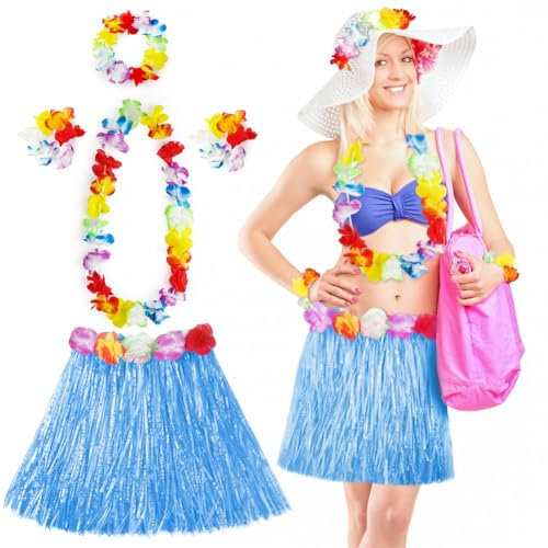 Aomig Hawaii Mottoparty Kostüme Set Rock, Hawaiian Gras Hula Rock Sets 40cm Lange Hawaiianischer Grasrock mit Halskette Armbänder Haarblume Grasröcke für Cheerleading Strand Cosplay Party Ostern(Blau)