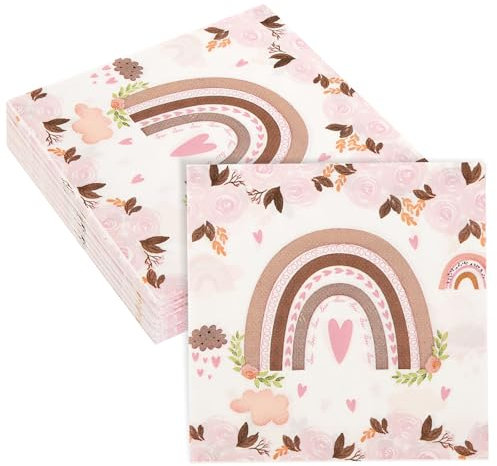 40 Stück Boho Regenbogen Servietten, 33 x 33 cm Servietten Rosa Party Servietten Servietten Taufe Deko, Rosa Geburtstags Servietten Taufdeko Mädchen für Babyparty Mädchen Kinder Geburtstag Party