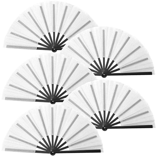 Oncpcare Lot de 5 grands éventails pliants en vrac, chinois, japonais, Kung Fu Tai Chi, Popping Clack Rave pour danse en ligne (blanc)