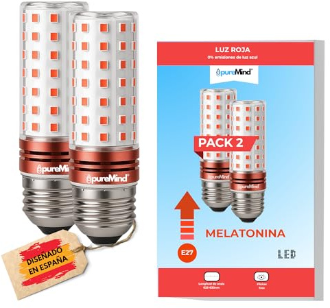 Puremind Pacchetto 2 Luce Notturna Rossa Anti Luce Blu E27 + Video Tecniche Sonno – Lampada Rossa Melatonina Antiriflesso Flicker Free per Dormire Meglio (PACK 2 E27)