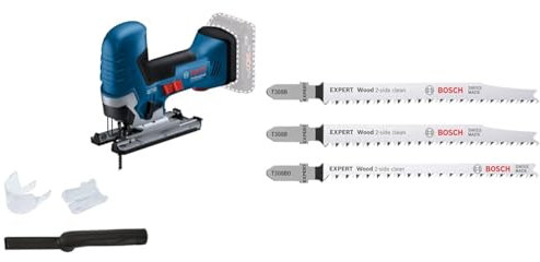 Bosch Professional 18V System Cordless Jigsaw GST 18V-125 S + 3X Expert Wood 2-Side Clean Jigsaw Blade Set (for Solid Wood Furniture Board, Plywood, Length 117 mm)