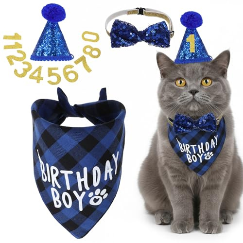 Xinjoduz 4 Stück Katzen Geburtstag Hut Bandana Set Katzenbekleidung Hunde Geburtstagshut Deko Nummern Geburtstagsdekorationen Partyzubehör Partyhut für Haustier Katze Geburtstag Party Zubehör