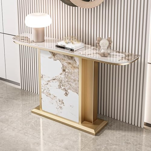 Konsolentisch Weiß Gold Schmal Arbeitsplatte Aus Stein Console Table Narrow White Geräumiges Ablagefach Abgerundete Kanten Geeignet für Flure und Wohnzimmer(A,80 * 30 * 80cm)