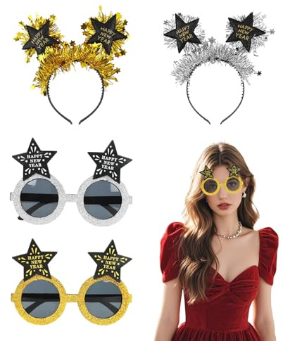 FangBoJie 4 Stück Silvester Haarreif, 2026 Happy New Year Haarreife Brille, Silvester Haarreif, Neujahr Stern Stirnband Haarschmuck, Neujahr Foto Requisiten Silvesters Accessoires