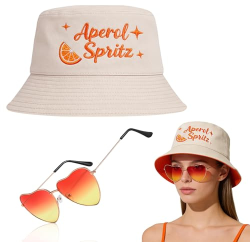 Trukafie Aperol Fischerhut Anglerhut Aperol Spritz Geschenk Retro Orange Brillen in Herzform für Karneval Kostüm Cosplay Party Zubehör Sommer Outdoor Sporthut Damen Herren Unisex