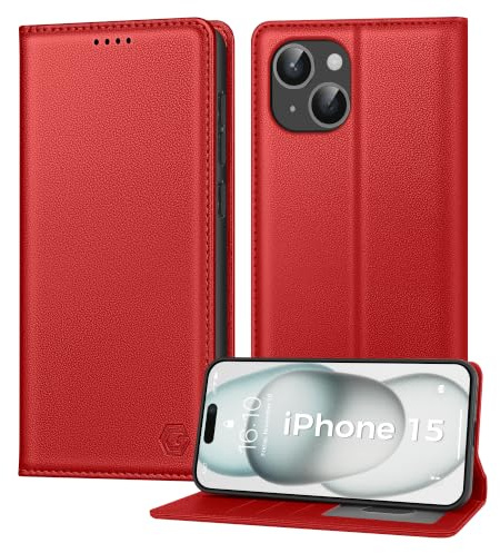 Kirnntca Handyhülle für iPhone 15 Hülle, Kartenfach Premium PU Leder Klapphülle Schutzhülle, Standfunktion Tasche Flip Case für iPhone 15 - Rot