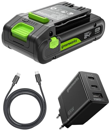 Greenworks 24V 2Ah battery High Power USB-C & 65W USB-C charger & 100w cable, Li-Ion 24V 2.0Ah battery suitable for all 200+ Greenworks 24V devices, 2 year warranty - K2S2BEA