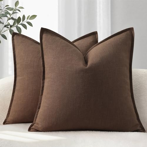 YCOLL Kissenbezug 40x40 2er Set Gemütliche Weiche Natur-Leinen Kissenhüllen Einfarbige Sofakissen Moderne Kissenbezüge mit Kante Dekokissen für Couch, Bett Wohnzimmer Dunkelbraun