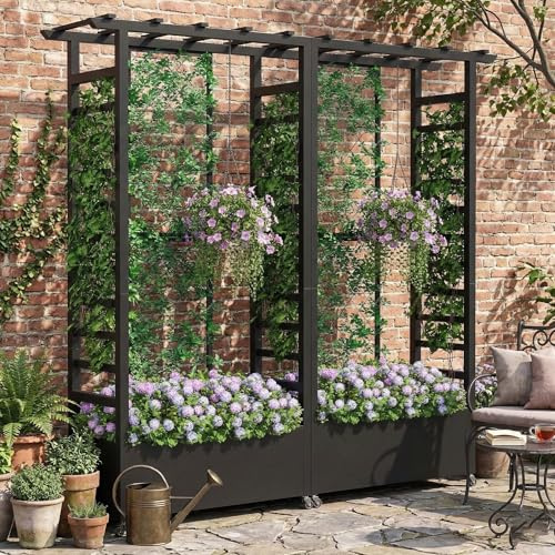 Hochbeet mit Rankgitter und Hängedach, wetterfester Metall-Pflanzkasten mit 4 Rollen und 2 seitlichen Rankgittern für Kletterpflanzen, mobiler Sichtschutz für Terrasse, Balkon und Garten