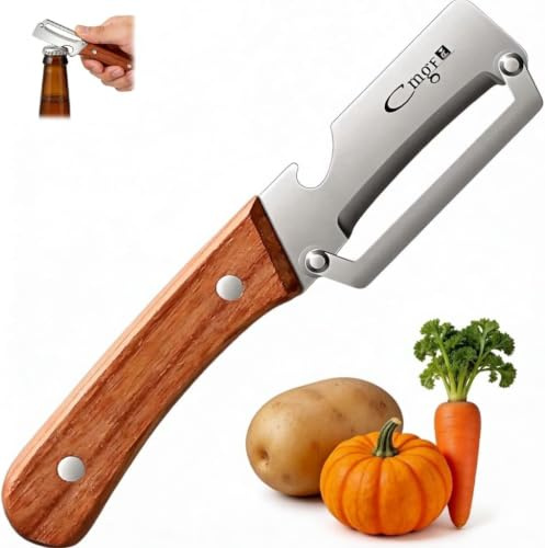Pelador de verduras multifuncional, acero inoxidable, mango de madera | Cuchillo pelador práctico para frutas y verduras, con abridor de botellas integrado