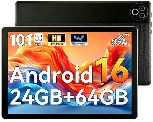 MUISOO Android 16 Tablet, 10 inch Tablet, 24GB RAM 64GB ROM(1TB TF Expand), Dual Cameras & Speakers, WiFi 6, BT5.4, 1280 * 800 IPS, 6000mAh, Gaming Learning Working Pad PC Tablets, Black