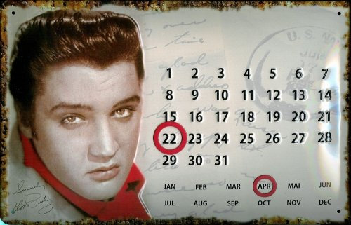 Buddel-Bini Versand Blechschild Elvis Presley Magnet Kalender Nostalgieschild 20x30 cm gewölbtes Stahlblech 3-D Relief geprägt EMBALIT Einbrennlackierung Lange Lebensdauer Original lizensierte Replika