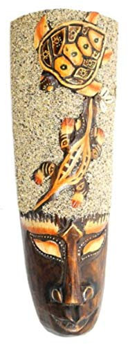 Masque Africain 32cm en Bois décor Tortue + Salamandre + Sable et Coquillages.