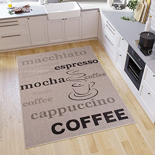 TAPISO Floorlux Teppich Küchenteppich Kurzflor Sisal Optik Flachgewebe Schwarz Grau Braun Schrift Kaffee Modern Design Wohnzimmer Küche Flur 200 x 290 cm