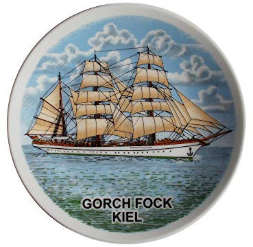 Maritimer Wandteller mit Segelschiff Gorch Fock Kiel | Porzellan Teller zum Hängen | Durchmesser 15 cm
