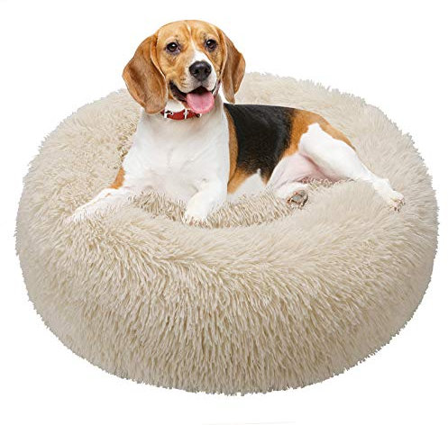 TAMOWA Hundebett, Haustierbett Rund aus Plüsch, Katzenbett flauschig, Welpen Kissen, Tragbare Warme Weiche Bequeme Hundesofa, Donut Kissen für Katzen und kleine Hunde, 70CM, Beige