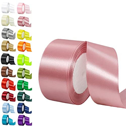 50mm Wide Retro Pink Ribbon for Crafting, 22M 2Inch Bean Pink Solid Fabric Large Thick Double Sided Satin Ribbon Decorative for Gift Wrapping Wedding Car Sewing Floral Xmas Presents