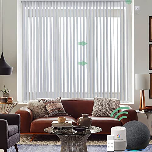 Yoolax Elektrischer Lamellenvorhang mit Fernbedienung Smarte Vertikaljalousie Gardine WiFi Alexa Kompatibel für Wohnzimmer Büro, Nach Maß (Grauweiß)