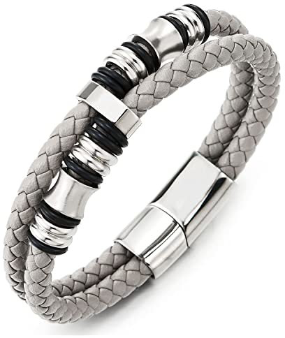 COOLSTEELANDBEYOND Doppel-Lap Beige Grau Geflochtenem Lederarmband Herren Armband Leder Schweißband Silber Edelstahl Verschluss
