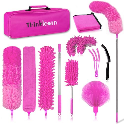 ThinkLearn Mikrofaser-Staubwedel zum Reinigen, 14 Stück Federstaubtücher mit Verlängerungsstange, biegbar, waschbar und ausziehbar, Hausreinigungsset, rosa Geschenk für Frauen