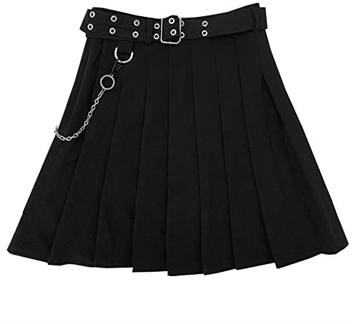 YM YOUMU Damen Punk Gothic Kette Plissee Tennis Rock Kpop Tanz Midi Rock mit Shorts, C797 schwarz mit Kette, X-Klein
