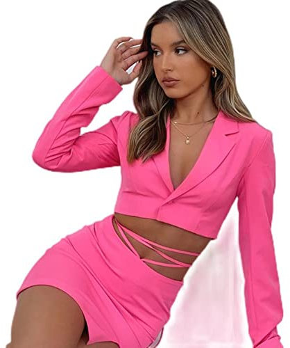 CHAOYI Autunno Due Pezzi Cropped Blazer Gonna Set 2 Pezzi Set Da Donna Vestito Gonna Femme Bottone Intonellato Pizzo Set Corrispondente-Rosa, M