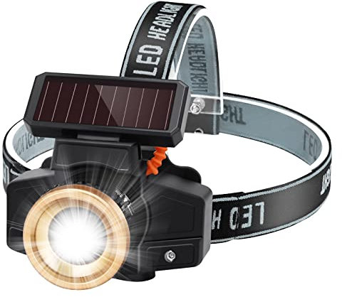 TISHOW Solar Headlamp, Rechargeable Headlamp with Intelligent Sensor, LED Headlamp with Adjustable Focal and Angle, 3 Modes Portable Head Lamp for Camping, Cycling, Fishing, Hiking