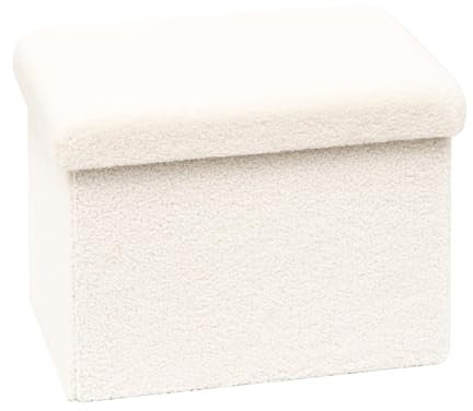 Bonlife Ottoman Seat with Storage,Folding Small Footstool for Living Room,Cube Toy Chest Box,Foot Rest,Sherpa Fabric,White,42x32x32cm