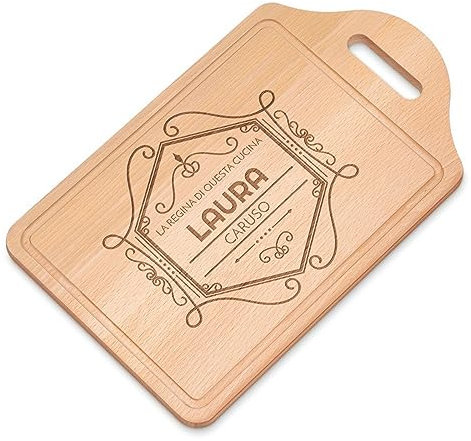 Maverton Tagliere rettangolare di legno incisione personalizzata - Battilardo con manico - gadget di legno per cucina - taglieri per aperitivi per donna - 38 x 23 cm - Emblema