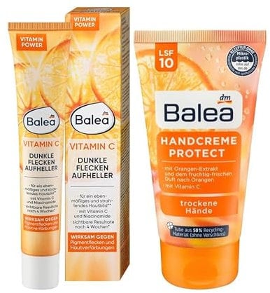 Balea 2er-Set Hautpflege: Gesichtscreme VITAMIN C Niacinamide Dunkle Flecken AUFHELLER (50 ml) + Handcreme PROTECT für trockene Hände mit Lichtschutzfaktor LSF 10 (75 ml), 125 ml
