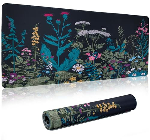 Wisebom Tapis de Souris, Tapis de Souris Gaming XXL 900x400mm,Sous-main Bureau Gamer Extra Large en Tissu,Grand Tapis de Souris à Bords Cousus,Base en Caoutchouc Antidérapante (Fleur)