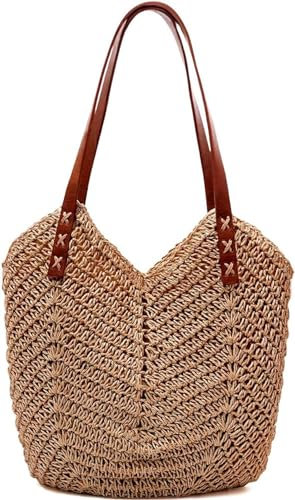 Mxaeyr Summer Straw Woven Handbag for Women,Women's Beach Shoulder Bag,Bohemian Crossbody Bag with Zipper,Large Capacity Holiday Female Casual Tote Bag,Light Khaki