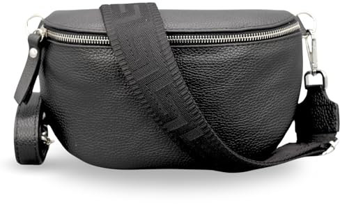 ADEL Bauchtasche Damen Echtleder Emma Silber Handgemachte Umhängetasche Crossbody Bag mit Optionalen Breiten Gemusterten Riemen Stylische Hüfttasche Made in Italy (Schwarz-Silber 5, Medium)