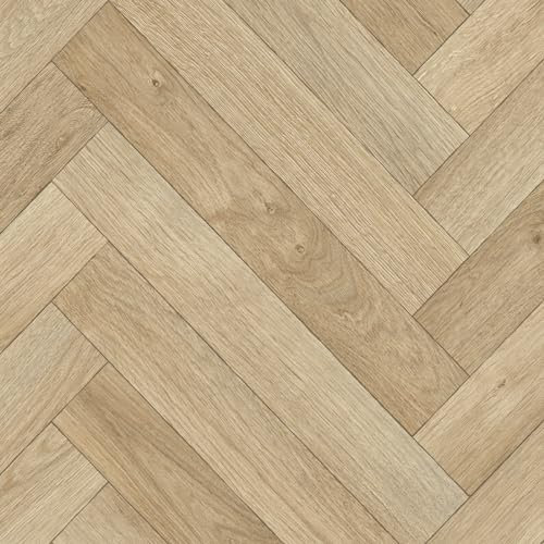 Herringbone Pattern Beige Wood Effect Anti-Slip Vinyl Flooring For LivingRoom, Kitchen, 2.8mm Thick Vinyl Sheet With Cushion Backed, Waterproof Lino Flooring