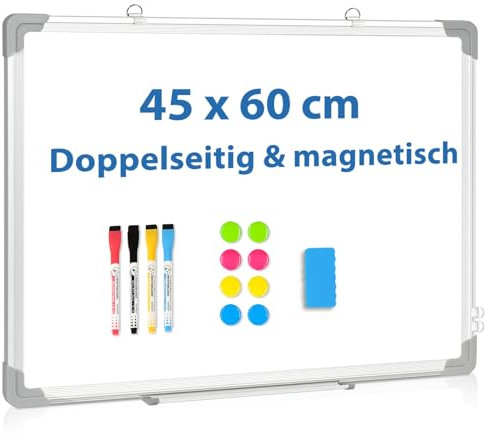 DOLLAR BOSS Magnetisches Whiteboard, 45X60CM Doppelseitiges Whiteboardmagnettafel Magnetpinnwand mit 2 Whiteboard Stifte, 8 Magnete and 1 White board Radiergummi, für Schule & Haus und Büro